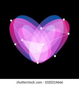 Isolated unusual abstract glass vector symbol of purple, blue and violet color heart. Colorful love logo of Saint Valentines Day with lines and dots on black background.