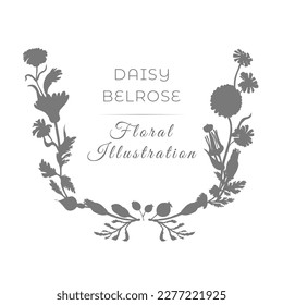 Isolated U-shaped wreath with flat silhouettes of garden flowers. Grey flower parts on the white background with text. Hand-drawn parts of the marigold, calendula, chamomile, and dog rose fruits.