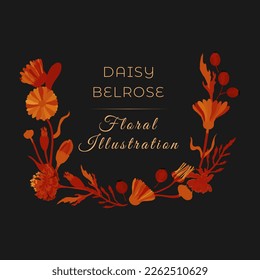 Isolated U-shaped wreath with garden flowers. Striking red and orange flower parts on the dark background with text. Hand-drawn parts of the marigold, calendula, chamomile, and dog rose fruits.