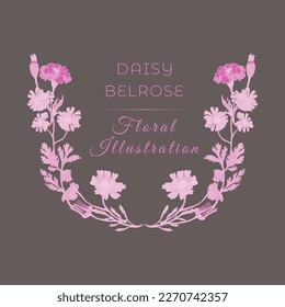 Isolated U-shaped wreath with garden flowers. Pink and white flower parts on the darker background with text. Hand-drawn parts of the marigold, calendula, and chamomile.