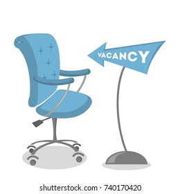 Isolated vacant chair with blue pointer. Place for a new worker.