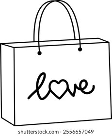 Isolated Valentine shopping paper bag outline.
Valentine's Day gift bag coloring drawing.
Transparent background.