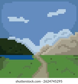 Ilustração isolada do computador da arte de pixel da paisagem do vale
