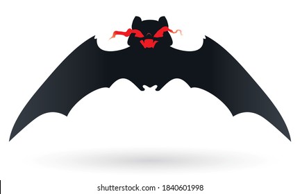 Isolated vampire bat dark silhouette flying with its spread wings, over white background.