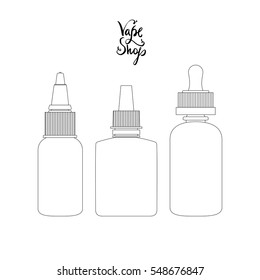 Isolated vape bottles thin line art, outline set with liquid or aroma. Electronic cigarette accessorize, icons for vaporizer design