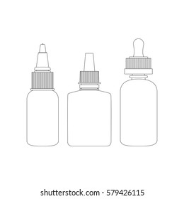 Isolated vape bottles thin line art, outline set with liquid or aroma. Electronic cigarette accessorize, icons for vaporizer design