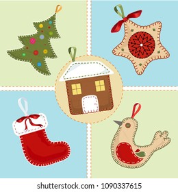 Isolated various felt christmas decorations/toys. Vector illustration.