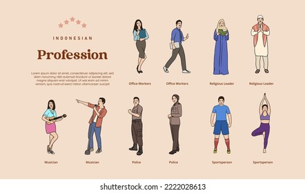 Isolated various Indonesian Professions hand drawn illustration svg