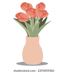 isolated vase with tulips in vector.design element in flat style.object for design.flowers in vase.template for scene creation.