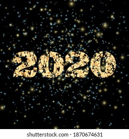 Isolated Vector. 2021, text Banner. Shiny Bright Falling Confetti decoration Party Background. Holiday Greeting Card. 2021 New Year design with Glitter and Gold Confetti. Xmas celebration concept.
