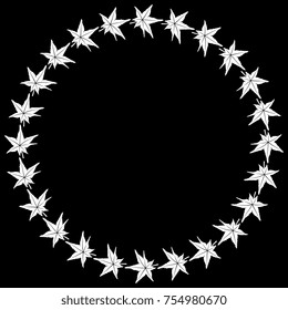 Isolated vector abstract frame. Silhouetted round white wreath of repeating tree leaves on black background.