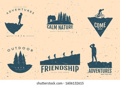 Isolated vector aged logotypes set with text. Art vintage style with old photography scratches effect. Adventure tourism concept. Man looks at valley from the hill. Hiking with friends and biking. 