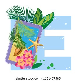 Isolated vector alphabet, exotic leaves, flowers and shell with a starfish and gadgets on blue letter