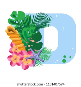 Isolated vector alphabet, exotic leaves, flowers and shell with a starfish on blue letter