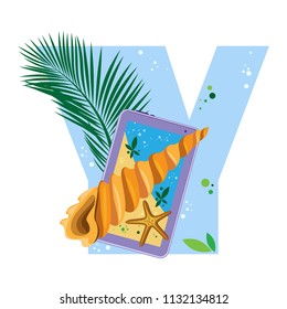 Isolated vector alphabet, exotic leaves, starfish, twisted shell and gadgets on blue letter