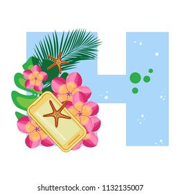 Isolated vector alphabet, exotic leaves, flowers, starfish and gadgets on blue letter