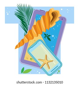Isolated vector alphabet, exotic leaves, starfish, twisted shell and gadgets on blue letter