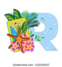 Isolated vector alphabet, exotic leaves, flowers, starfish and gadgets on blue letter