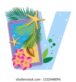 Isolated vector alphabet, exotic leaves, flowers and gadget, starfish on blue letter
