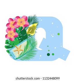 Isolated vector alphabet, exotic leaves, flowers, starfish and gadget on blue letter