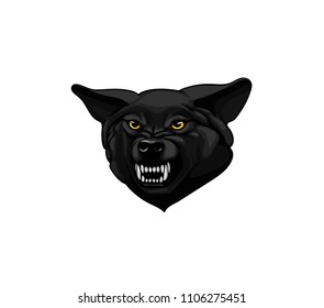 Isolated vector of angry wolf head. Beautiful wolf tattoo. Golden eyes and big white fangs.