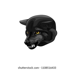 Isolated vector of angry wolf head. Beautiful wolf tattoo. Golden eyes and big white fangs.