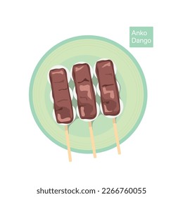 Isolated vector of Anko Dango or Japanese dumpling covered with sweetened red bean paste, three Anko Dango on green plate. Flat vector design image on white background.
