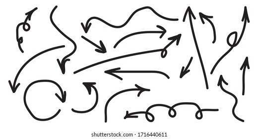 Flechas vectoriales aisladas dibujadas a mano sobre un fondo blanco