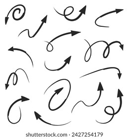 Isolated vector arrows drawn by hand on a white background. Brush style.