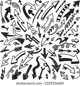 Isolated vector arrows, hand drawn on a white background