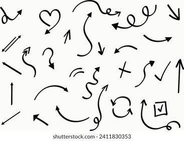 Isolated vector arrows, hand drawn on a white background. Charcoal arrows vector icons set. Hand drawn freehand different curved lines, swirls arrows. Doodle marker drawing, black chalk smears.
