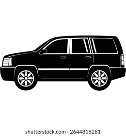 A arte vetorial isolada exibe um SUV preto com oito rodas de raios, estilizado em uma silhueta simplificada, definido contra um pano de fundo transparente para facilitar a integração.