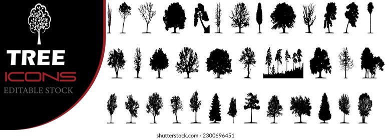 An isolated vector artwork of vintage tree and forest silhouettes in a monochromatic setting. Symbol for a natural line garden plant