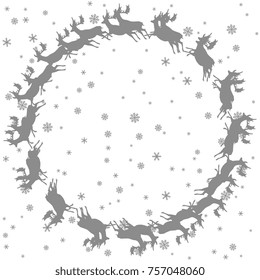 Isolated vector background with ring of running deer and snowflakes. Gray silhouettes on white. Cute winter motif.