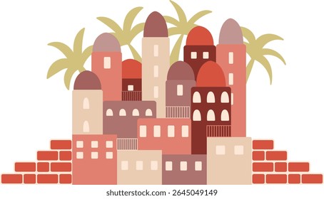 Isolated vector biblical cityscape with ancient architecture, jerusalem style buildings, desert landscape, perfect for christian education, children’s books, religious art, and historical illustration