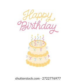 Isolierte Vektor-Geburtstagskarte mit Happy Birthday-Schriftzug und einem süßen strukturierten Kuchen im Pastelldoodle-Stil. Whimsical Design für Kinder Kindergarten Dekoration Kleidung und festliche Verpackung Papier