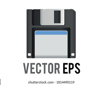 The isolated vector black 3.5 inch floppy disk or save emoji icon with silver shutter positioned up and white label, a data storage format preserved as a Save icon in computer programs