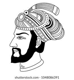 Isolated vector black illustration. Head of medieval Indian Mogul prince in turban. Black and white linear silhouette. Vintage style.