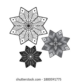 Conjunto de diseño abstracto vectorial aislado en blanco y negro de silueta revestida de un copo de nieve ornamental estrella. El diseño es perfecto para pegatinas, decoraciones, insignias, invitaciones, logotipos, tarjetas, tatuajes