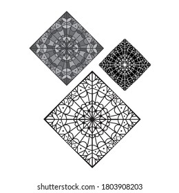 Conjunto de diseño abstracto vectorial aislado en blanco y negro de silueta revestida de copo de nieve cuadrado ornamental. El diseño es perfecto para pegatinas, decoraciones, insignias, invitaciones, logotipos, tarjetas, tatuajes