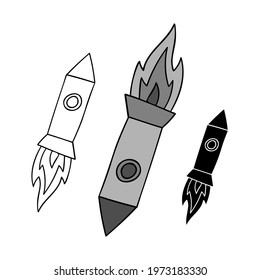 Isolated vector black and white decorative design silhouettes and lined rockets. Design is perfect for stickers, decorations, packaging, badges, logos