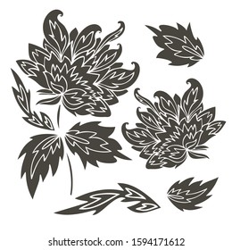 Isolated vector black and white design set of lined peony flowers. The design is perfectly suitable for clothes design, children decoration, stickers, stationary, tattoos