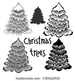 Isolated vector black and white design of decorative Christmas trees with text