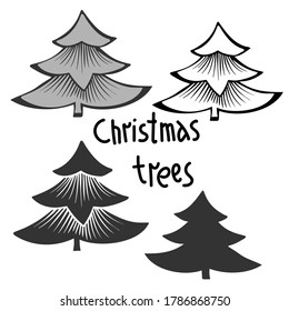 Vector aislado de diseño blanco y negro de árboles decorativos de Navidad con texto