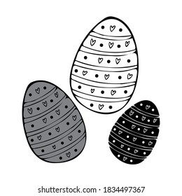 Isolated vector black and white design set of cute easter eggs with lined ornament with hearts. The design is perfect for stickers, decorations, coloring, decorations, stationary, illustrations