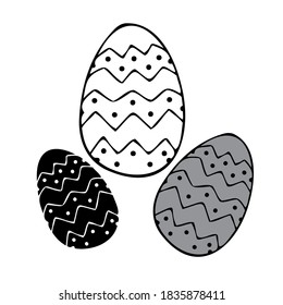 Isolated vector black and white design set of cute easter eggs with lined ornament. The design is perfect for stickers, decorations, coloring, decorations, stationary, illustrations