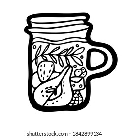 Einzeln Vektorschwarz-weiß Design von ausgekleideten Zierglas-Schlamm aus Fruchttee mit Kräutern, Birnen und anderen. Das Design eignet sich perfekt für Aufkleber, Badges, Farbillustrationen, Logo, Karten, Tattoos