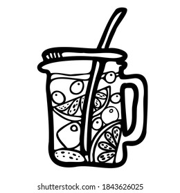 Isolated vector black and white design of lined ornamental glass mug of fruit tea with citrus fruits and berries. The design is perfect for stickers, badges, coloring illustrations, cards, tattoos