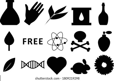 Isolated Vector Black and White Icon Set Badge Ingredient Warning Label Icons. GMO free, SLS free, Paraben, Cruelty, Sulfate, Sodium, Phosphate, Silicone, Preservative Free Organic Vegan Products