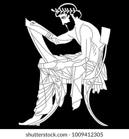 Isolated vector black and white illustration. Seated ancient Greek man with a scroll. Based on authentic vase painting image.